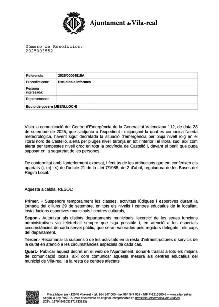 Bàndol Ajuntament Vila-real per pluges 280925